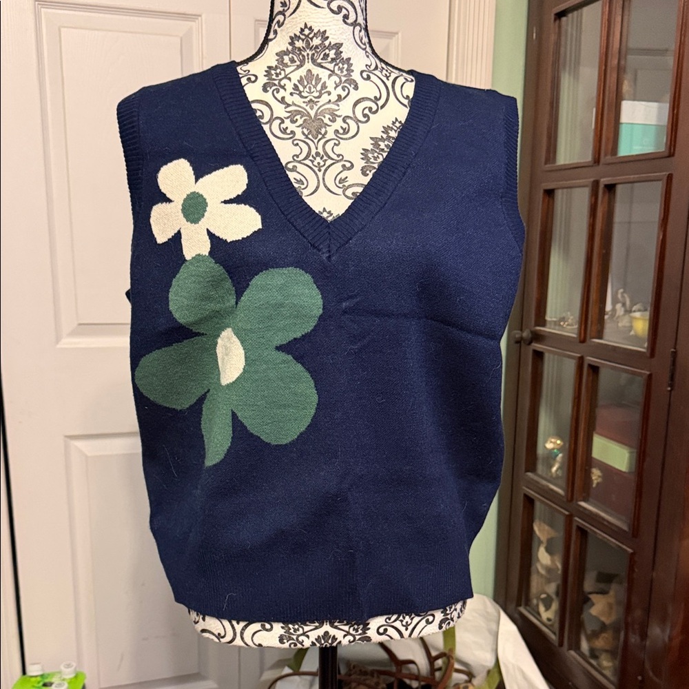Navy Blue V-Neck Sweater with Floral Design